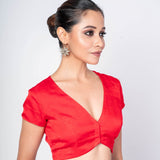 Red V Neck Front Closer Short Sleeve Blouse - Anvi Couture