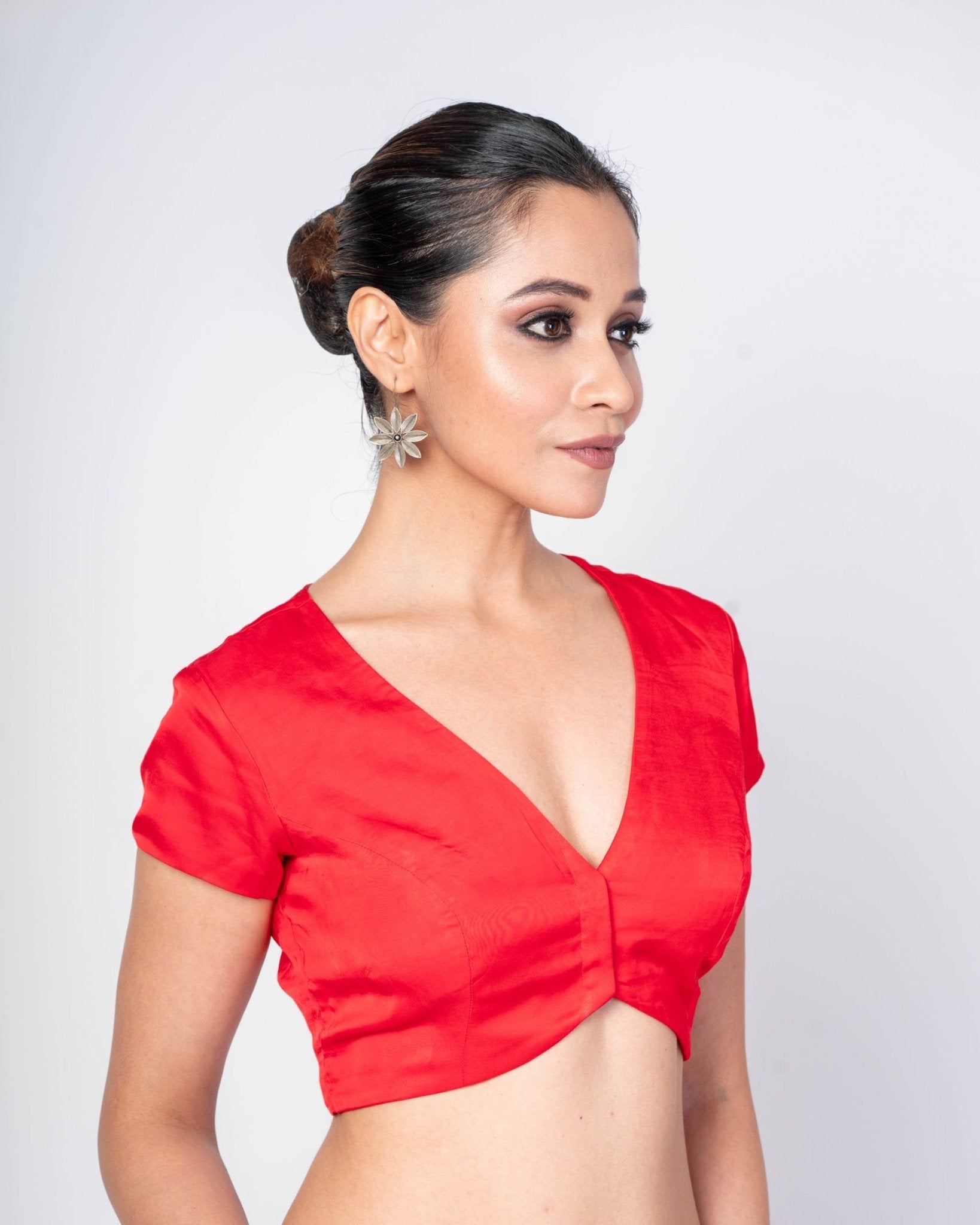 Red V Neck Front Closer Short Sleeve Blouse - Anvi Couture