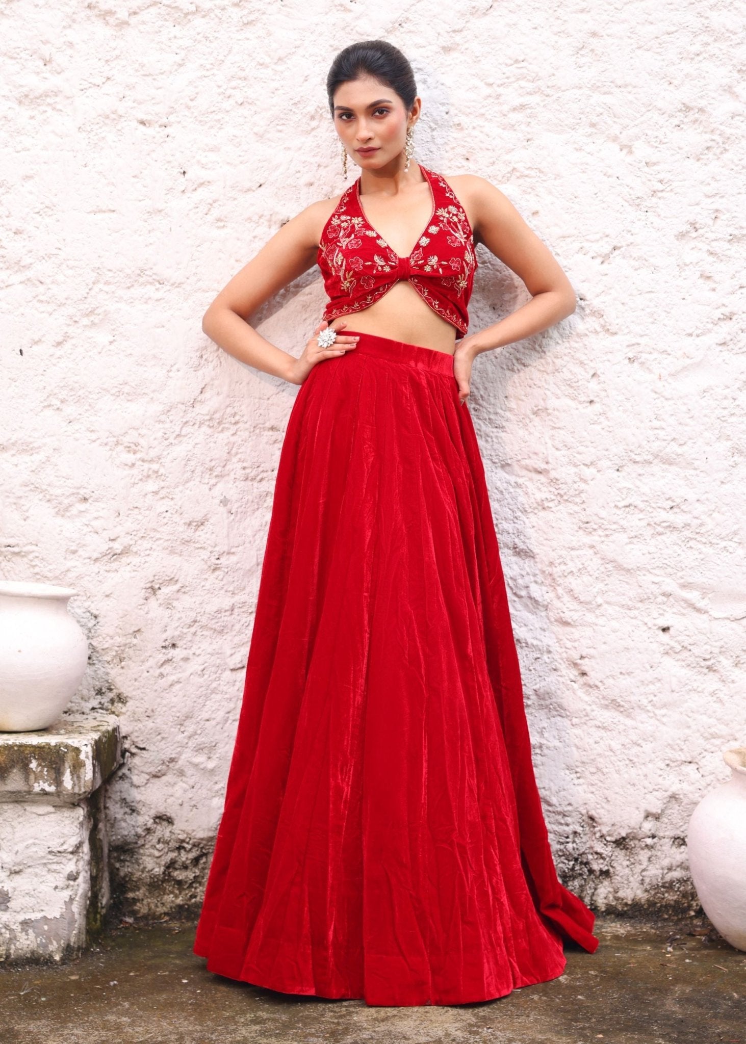 Red Velvet Lehenga with Hand Embroidered Halter Neck - Anvi Couture