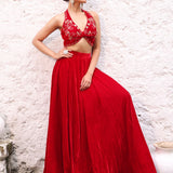 Red Velvet Lehenga with Hand Embroidered Halter Neck front