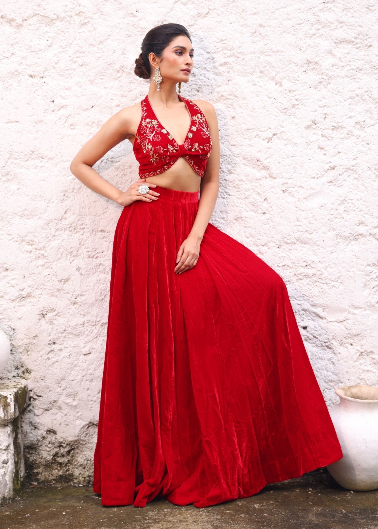 Red Velvet Lehenga with Hand Embroidered Halter Neck - Anvi Couture