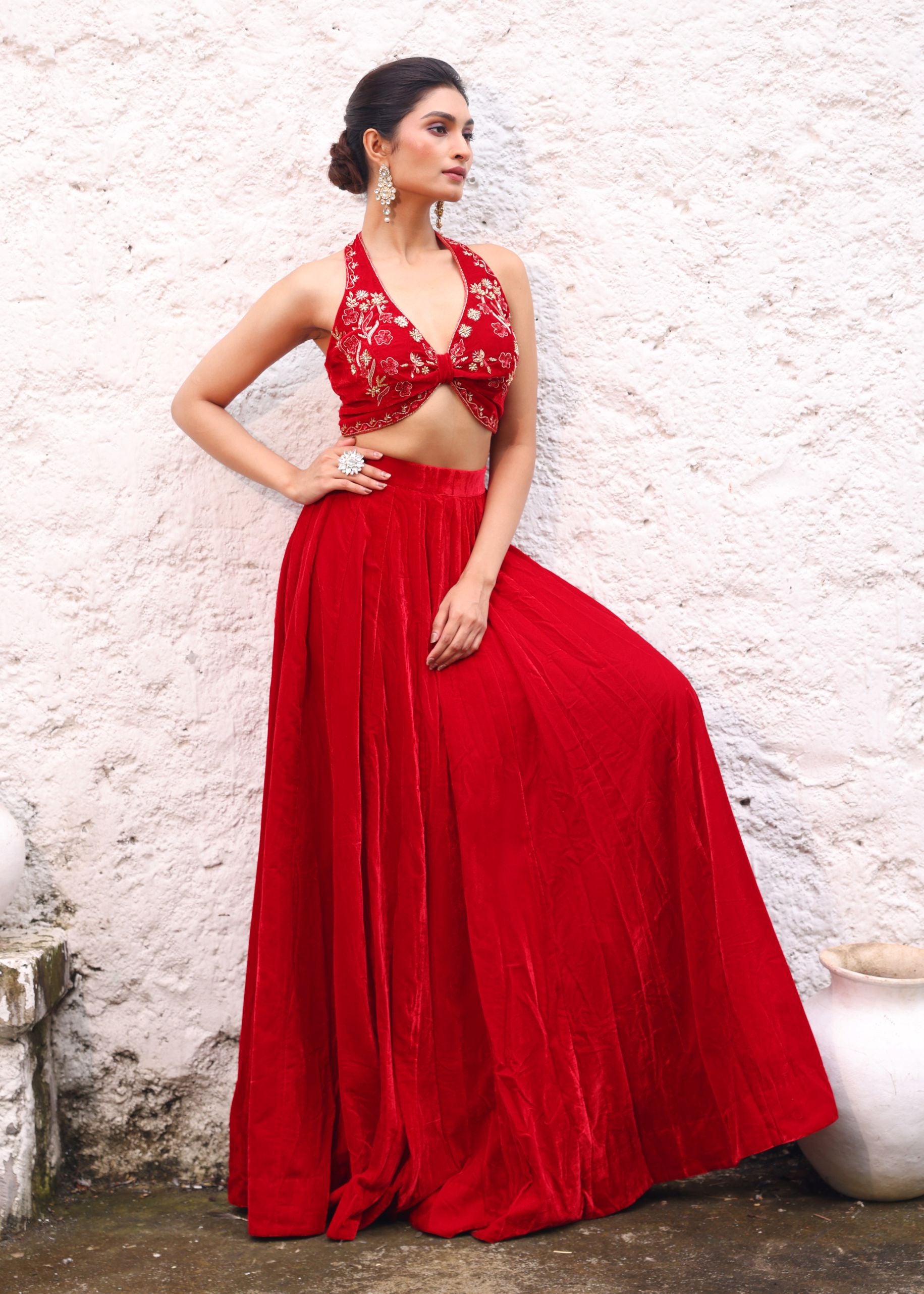Red Velvet Lehenga with Hand Embroidered Halter Neck front