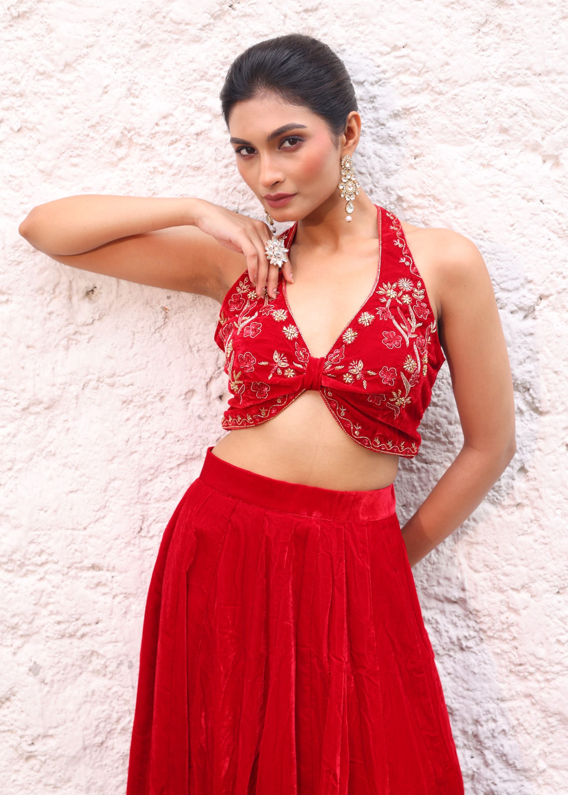 Red Velvet Lehenga with Hand Embroidered Halter Neck close up