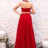 Red Velvet Lehenga with Hand Embroidered Halter Neck back