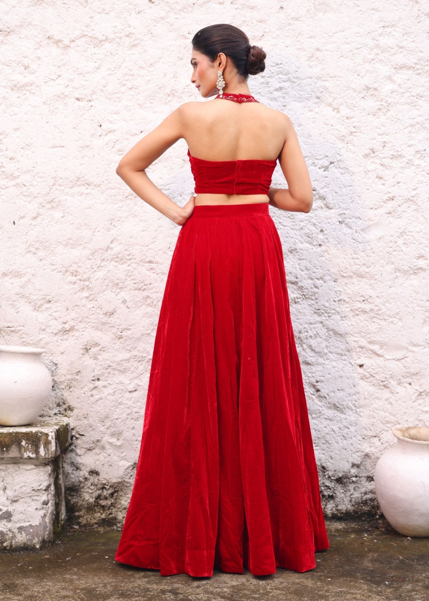 Red Velvet Lehenga with Hand Embroidered Halter Neck - Anvi Couture
