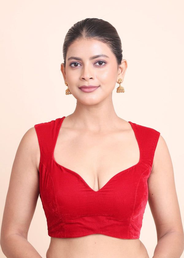 Red Velvet Queen Anne Neckline Sleeveless Blouse - Anvi Couture