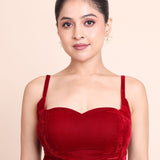 Red Velvet Spaghetti Strap Blouse with Sweetheart Neckline - Anvi Couture