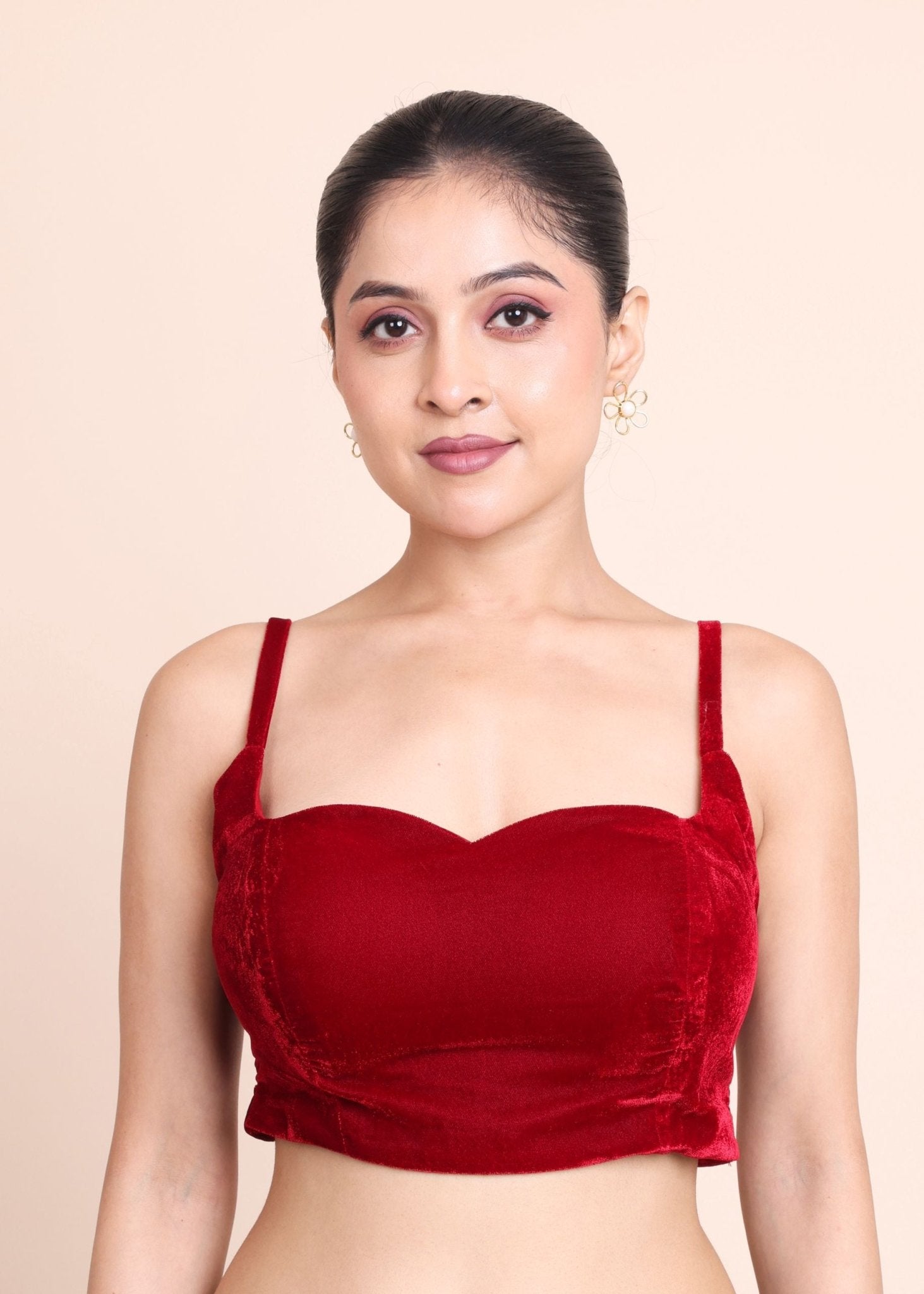 Red Velvet Spaghetti Strap Blouse with Sweetheart Neckline - Anvi Couture