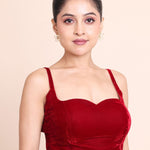 Red Velvet Spaghetti Strap Blouse with Sweetheart Neckline - Anvi Couture