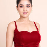 Red Velvet Spaghetti Strap Blouse with Sweetheart Neckline - Anvi Couture