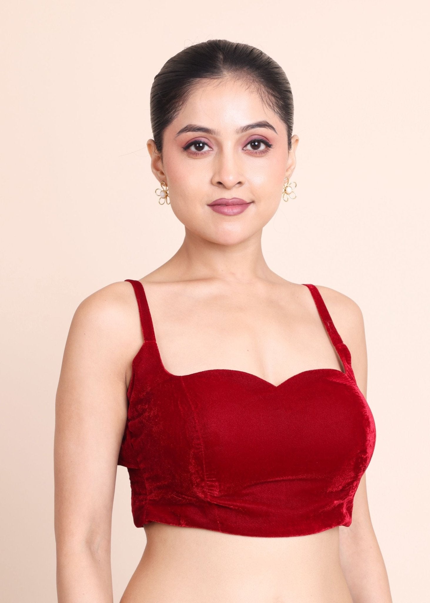 Red Velvet Spaghetti Strap Blouse with Sweetheart Neckline - Anvi Couture
