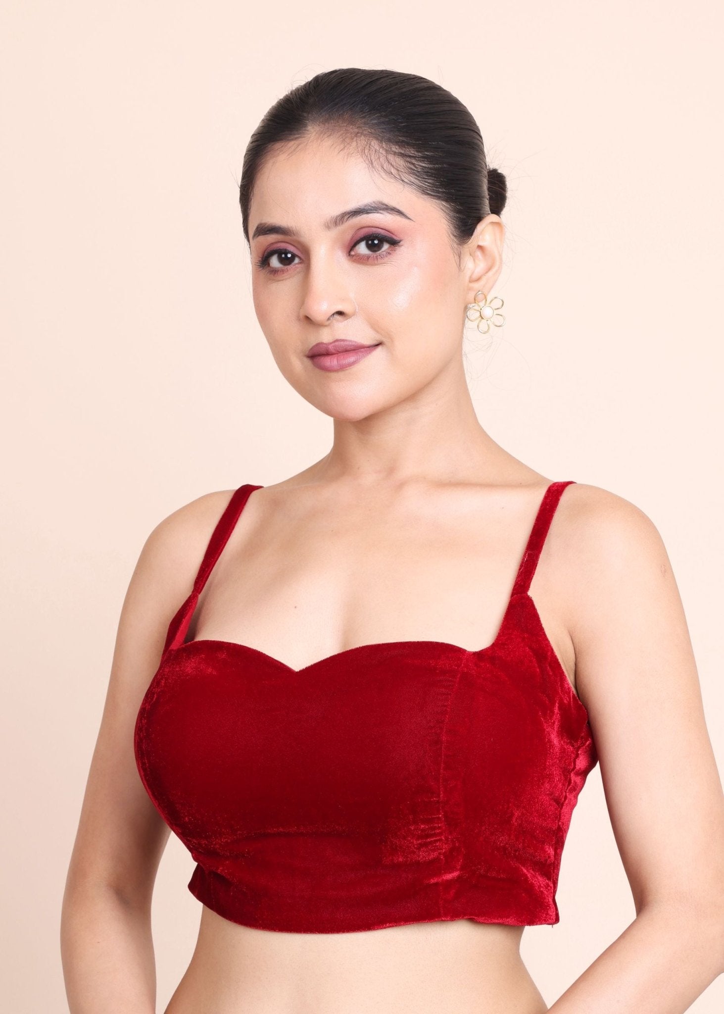Red Velvet Spaghetti Strap Blouse with Sweetheart Neckline - Anvi Couture