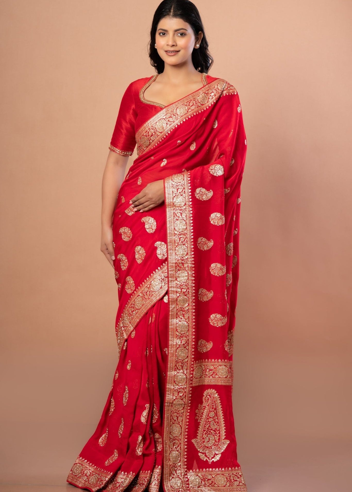 Red Wedding Banarasi Saree With All Over Zari woven - Anvi Couture