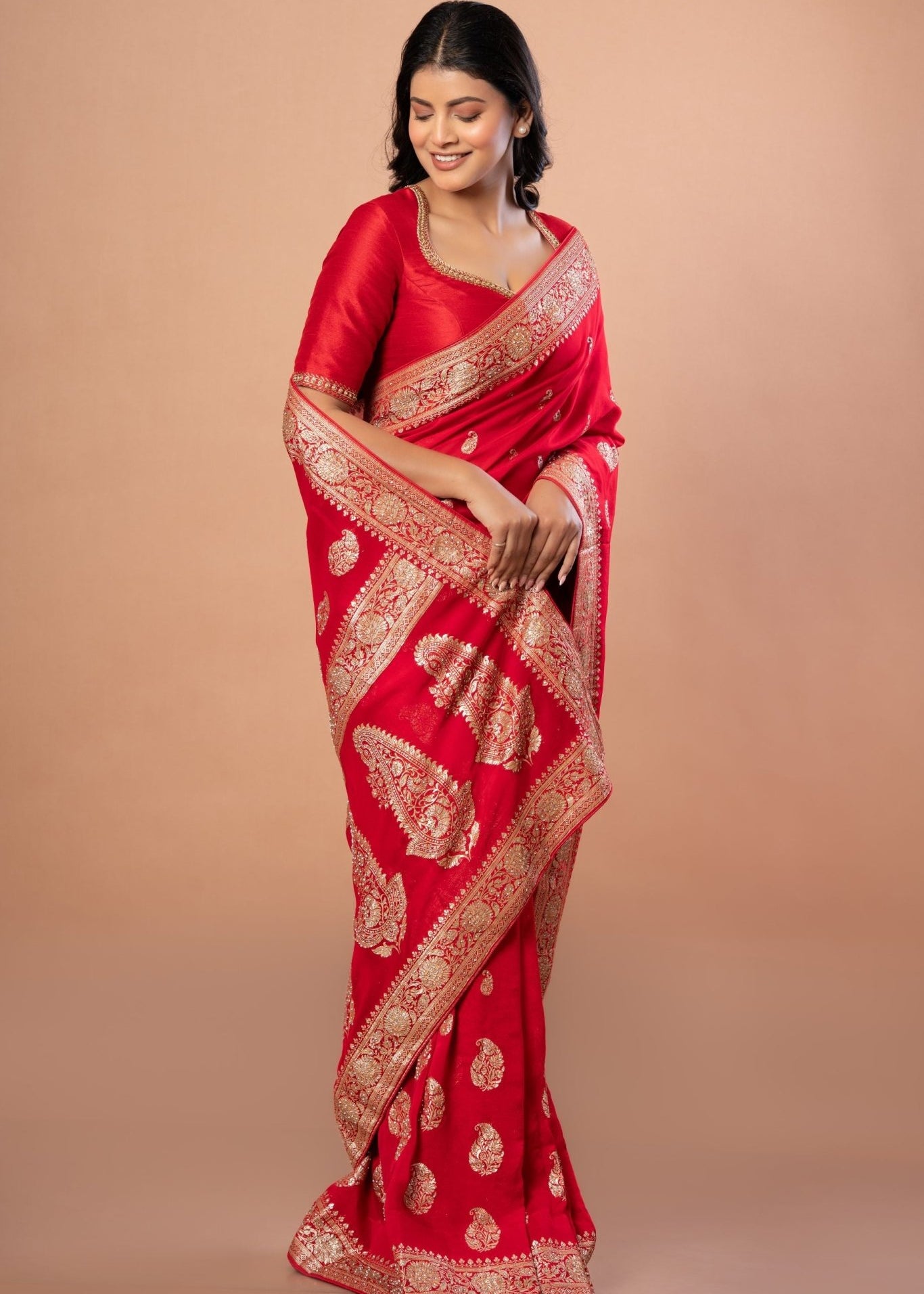 Red Wedding Banarasi Saree With All Over Zari woven - Anvi Couture