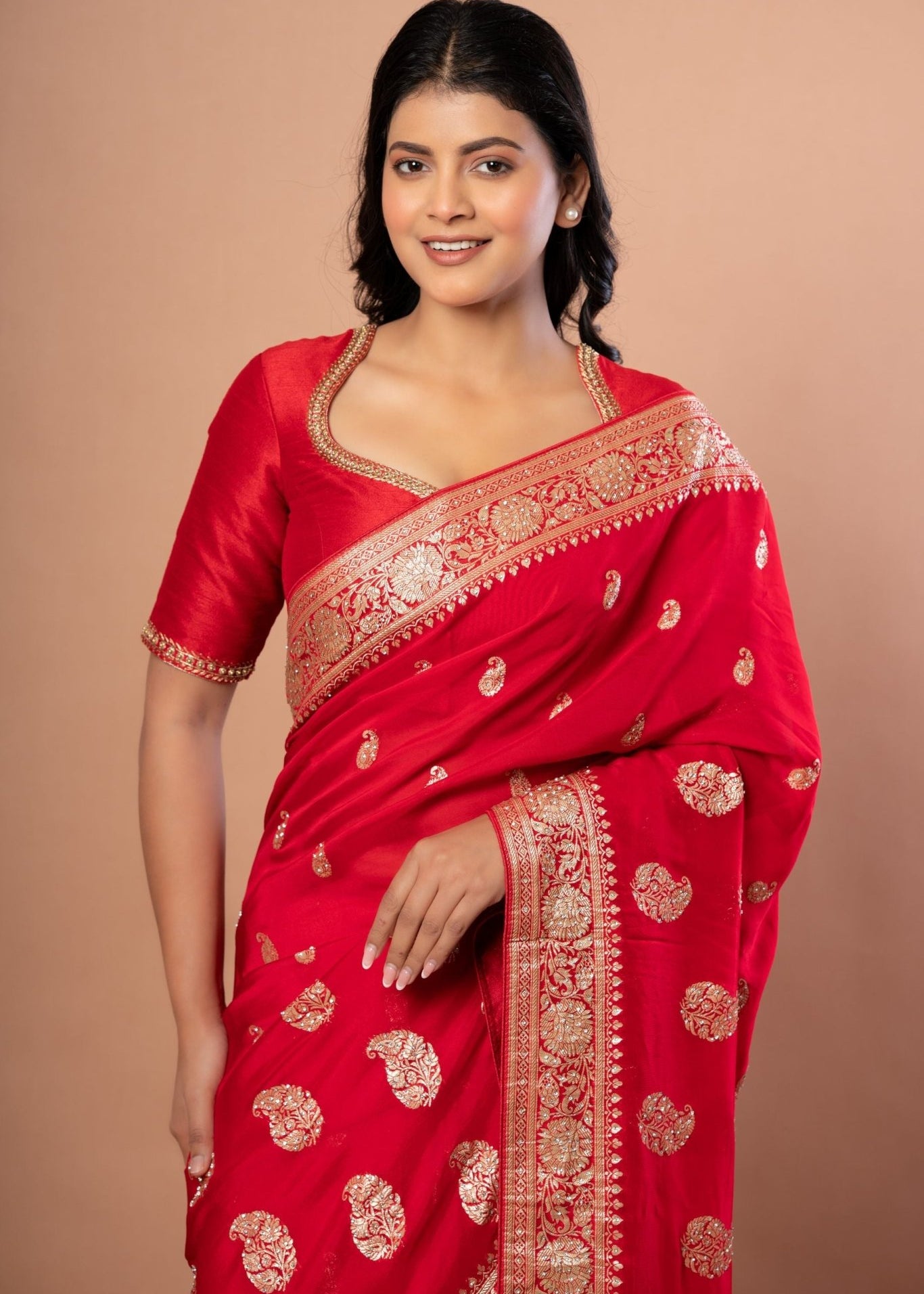 Red Wedding Banarasi Saree With All Over Zari woven - Anvi Couture