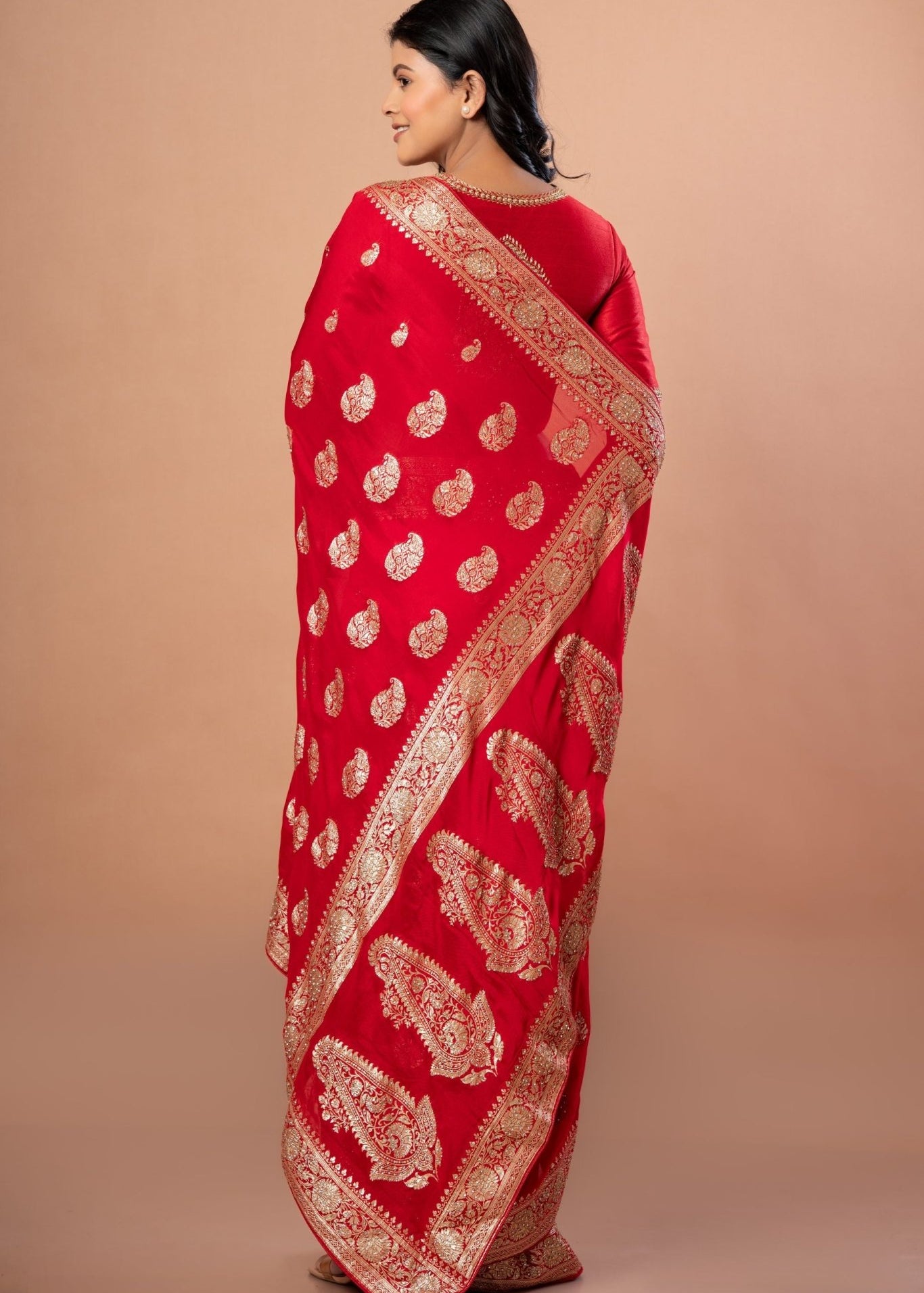 Red Wedding Banarasi Saree With All Over Zari woven - Anvi Couture