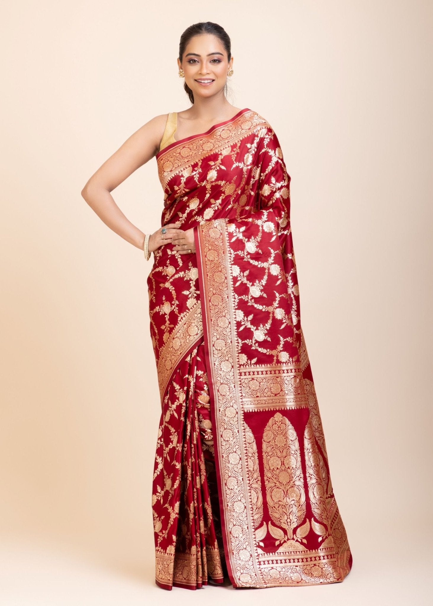 Red Wedding Banarasi Saree with Golden Jaal Work - Anvi Couture