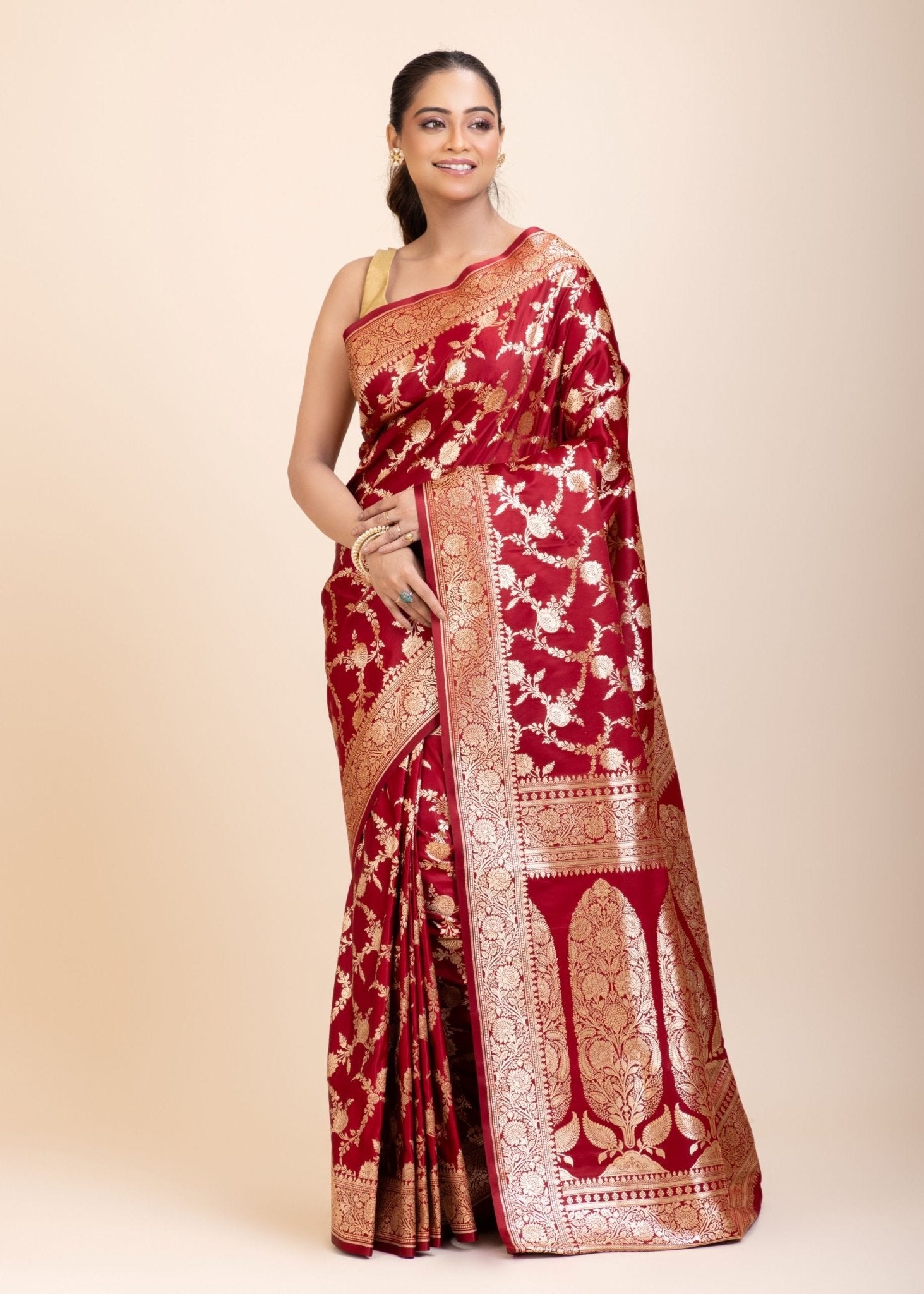 Red Wedding Banarasi Saree with Golden Jaal Work - Anvi Couture