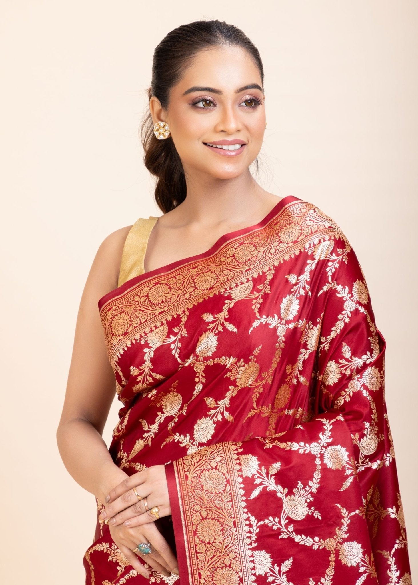 Red Wedding Banarasi Saree with Golden Jaal Work - Anvi Couture