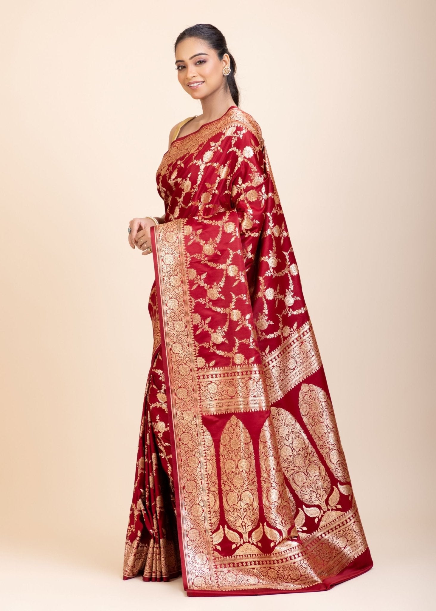 Red Wedding Banarasi Saree with Golden Jaal Work - Anvi Couture