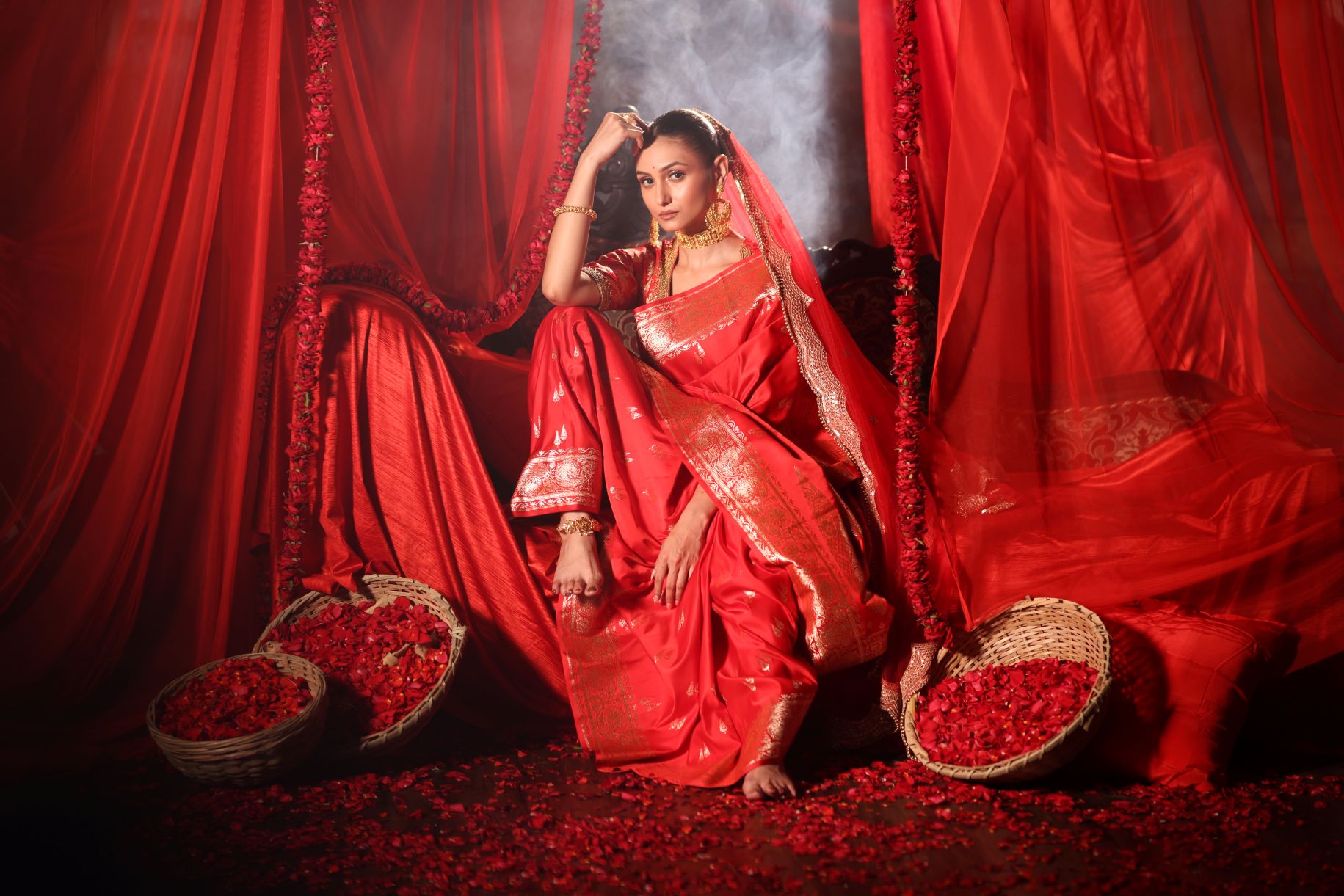 Red Wedding Banarasi Silk Saree Close Up 
