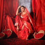 Red Wedding Banarasi Silk Saree Close Up 
