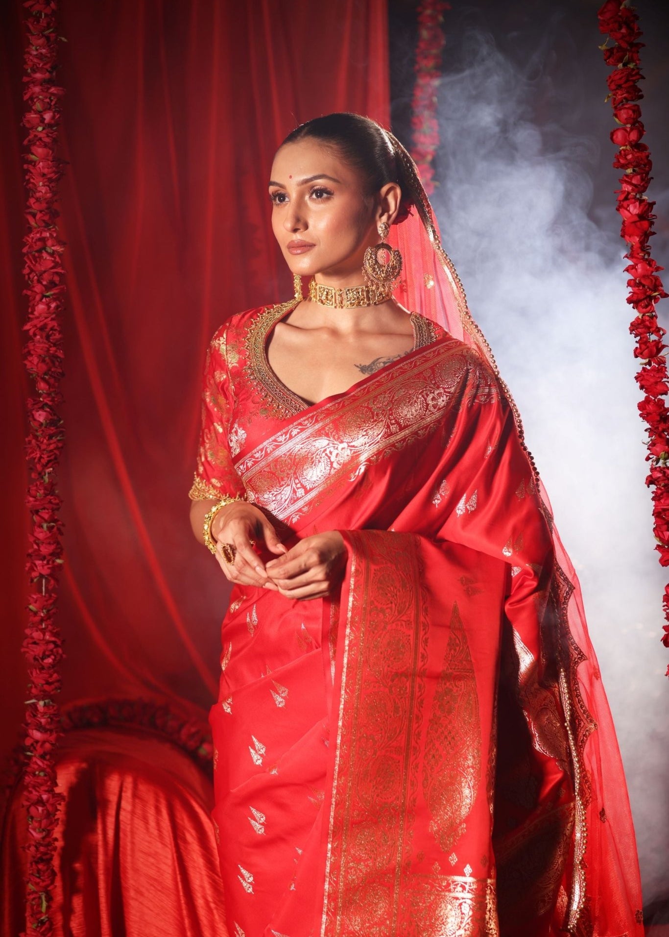 Red Wedding Banarasi Silk Saree - Anvi Couture