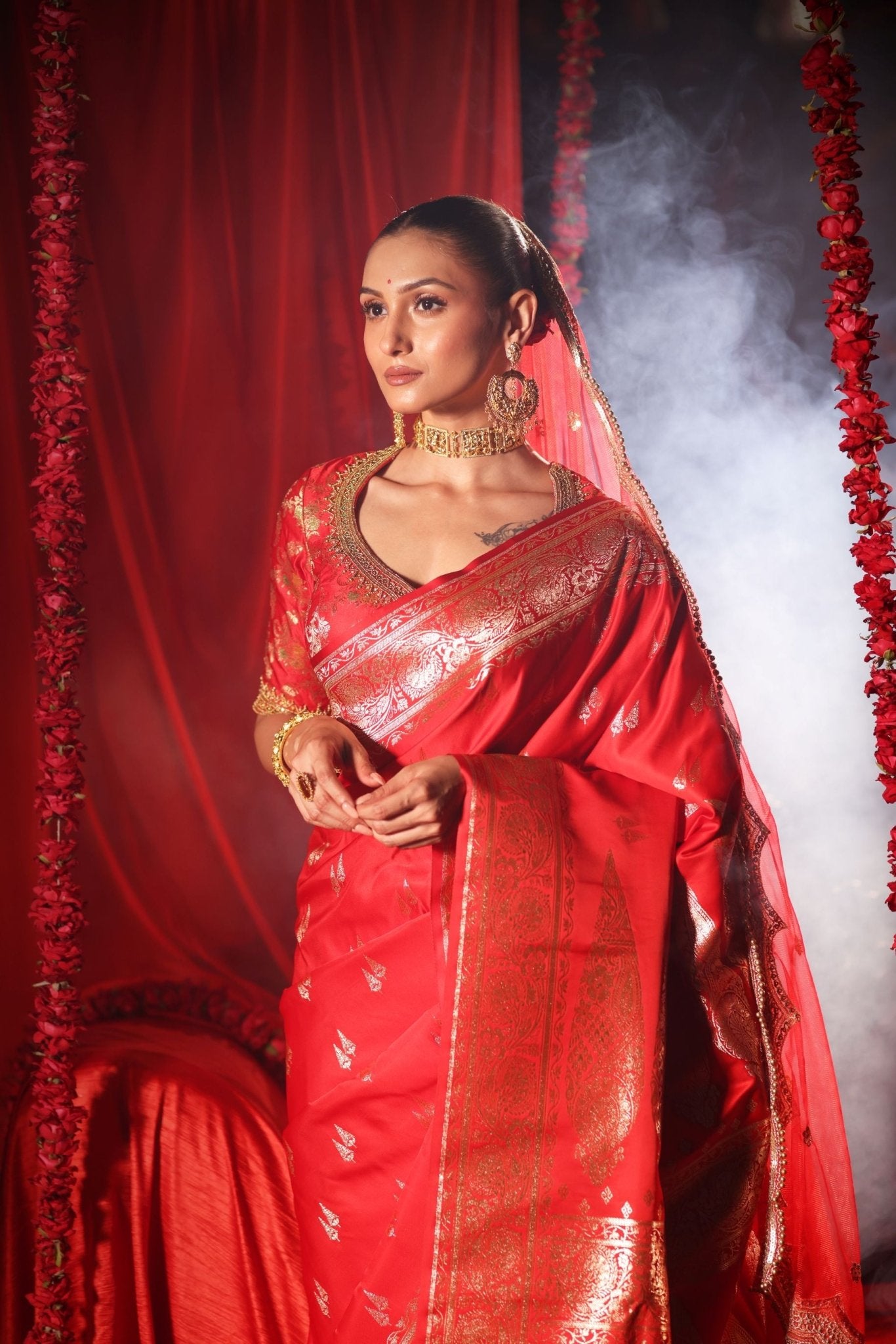 Red Wedding Banarasi Silk Saree - Anvi Couture