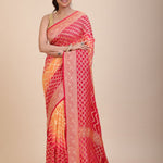 Red & Yellow Khaddi Georgette Bandhani Banarasi Saree - Anvi Couture