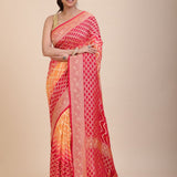 Red & Yellow Khaddi Georgette Bandhani Banarasi Saree - Anvi Couture