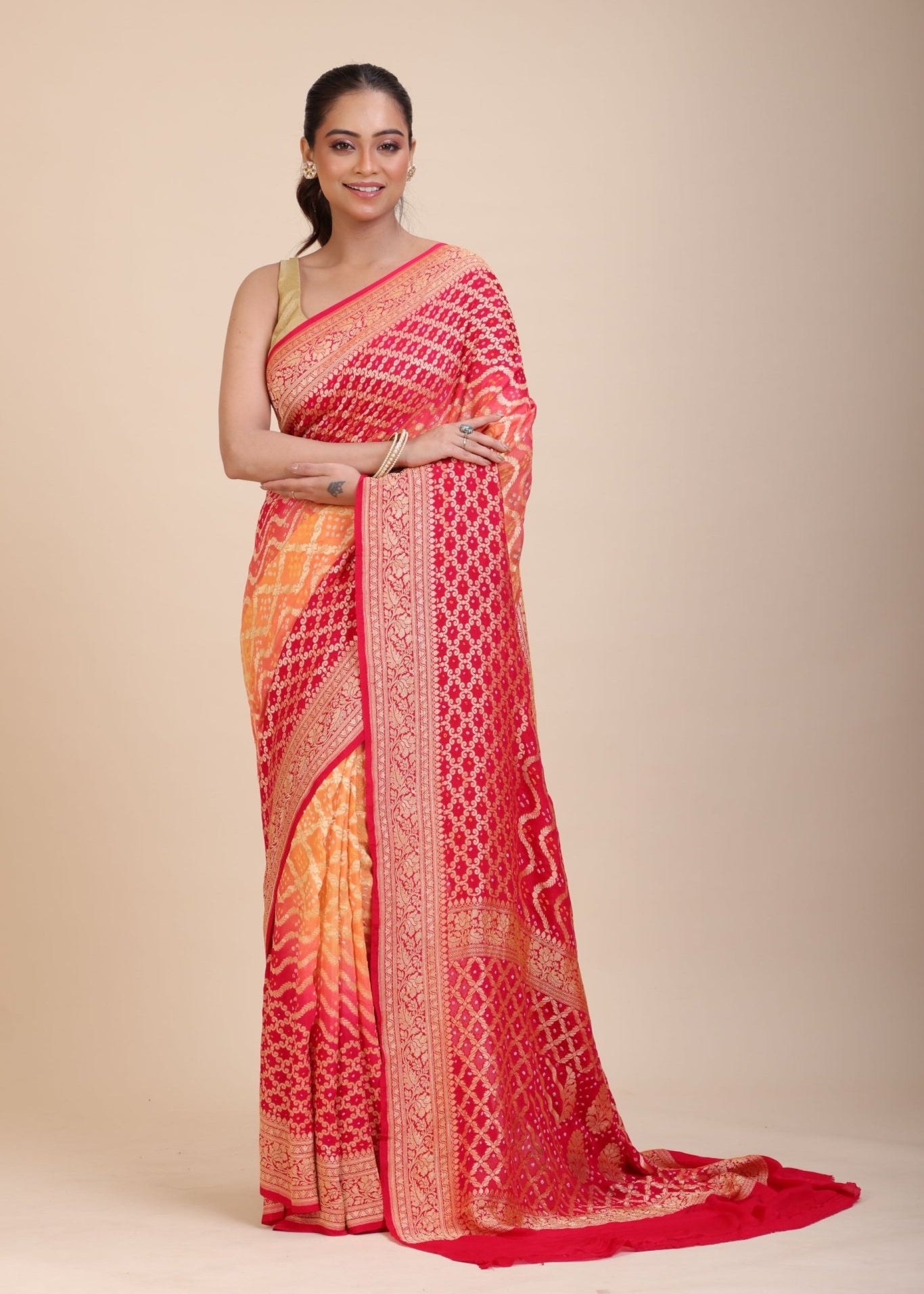 Red & Yellow Khaddi Georgette Bandhani Banarasi Saree - Anvi Couture