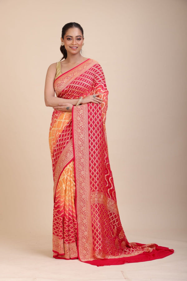 Red & Yellow Khaddi Georgette Bandhani Banarasi Saree - Anvi Couture