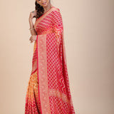 Red & Yellow Khaddi Georgette Bandhani Banarasi Saree - Anvi Couture