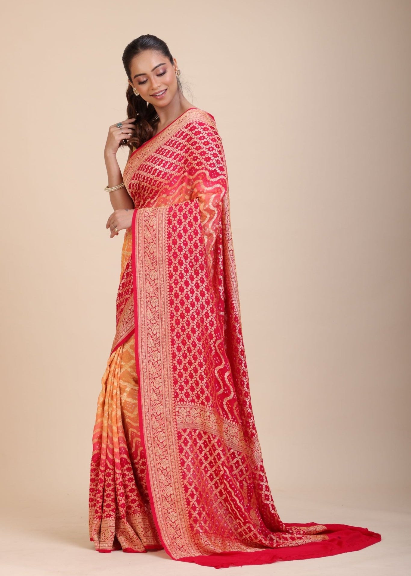 Red & Yellow Khaddi Georgette Bandhani Banarasi Saree - Anvi Couture