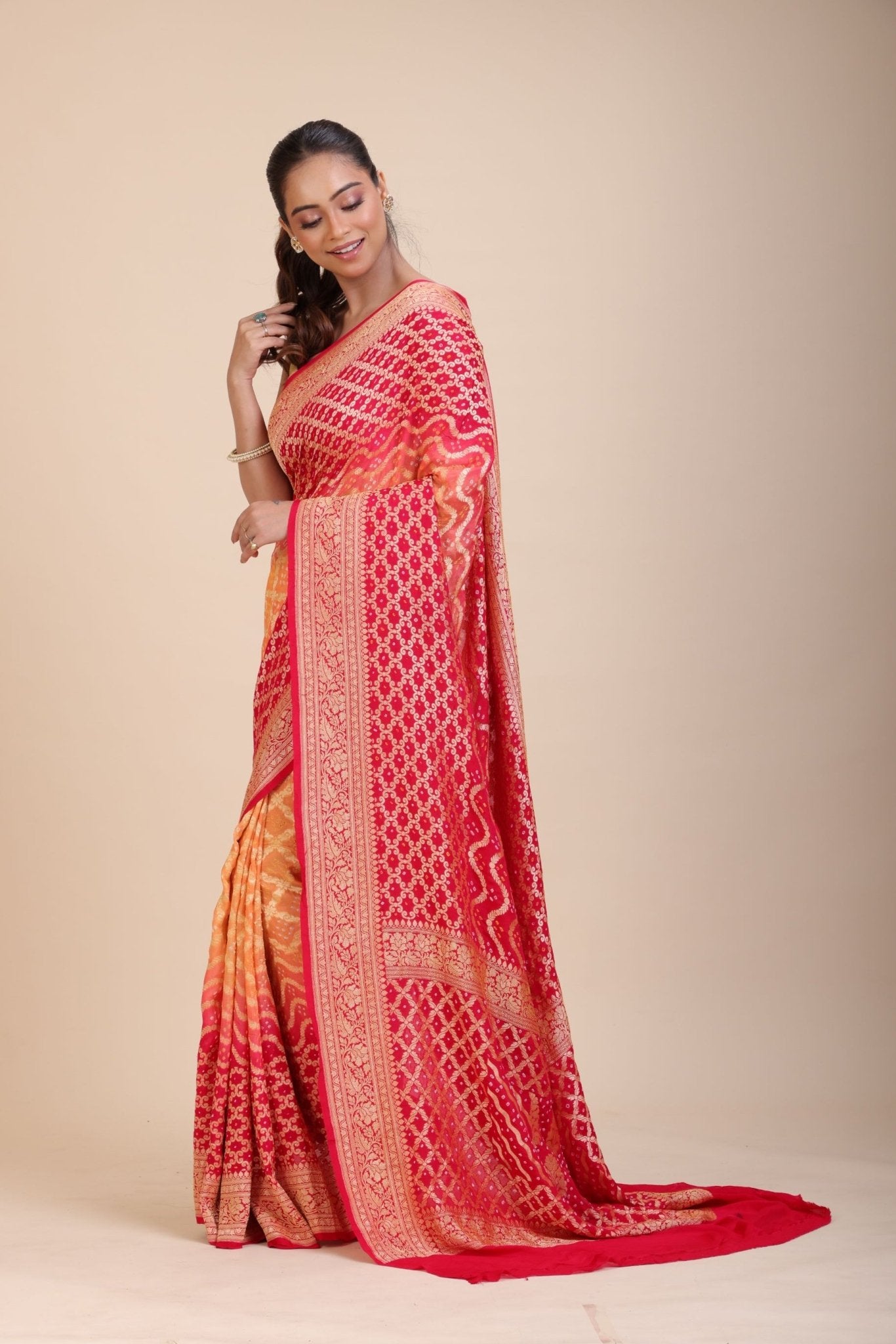 Red & Yellow Khaddi Georgette Bandhani Banarasi Saree - Anvi Couture