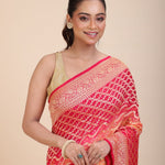 Red & Yellow Khaddi Georgette Bandhani Banarasi Saree - Anvi Couture