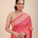 Red & Yellow Khaddi Georgette Bandhani Banarasi Saree - Anvi Couture