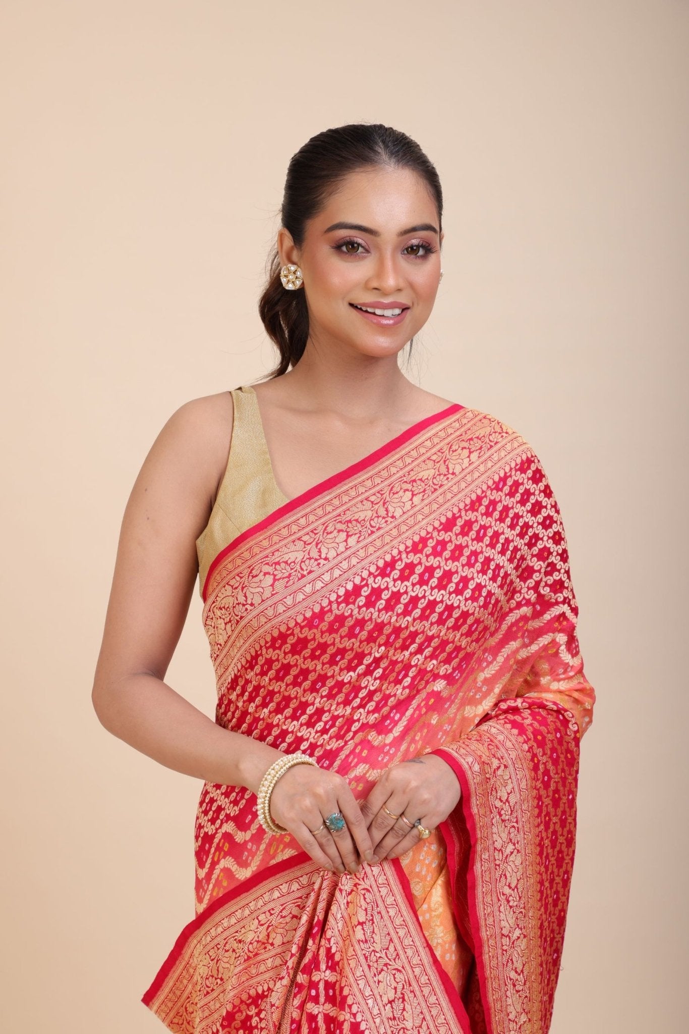 Red & Yellow Khaddi Georgette Bandhani Banarasi Saree - Anvi Couture