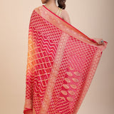 Red & Yellow Khaddi Georgette Bandhani Banarasi Saree - Anvi Couture