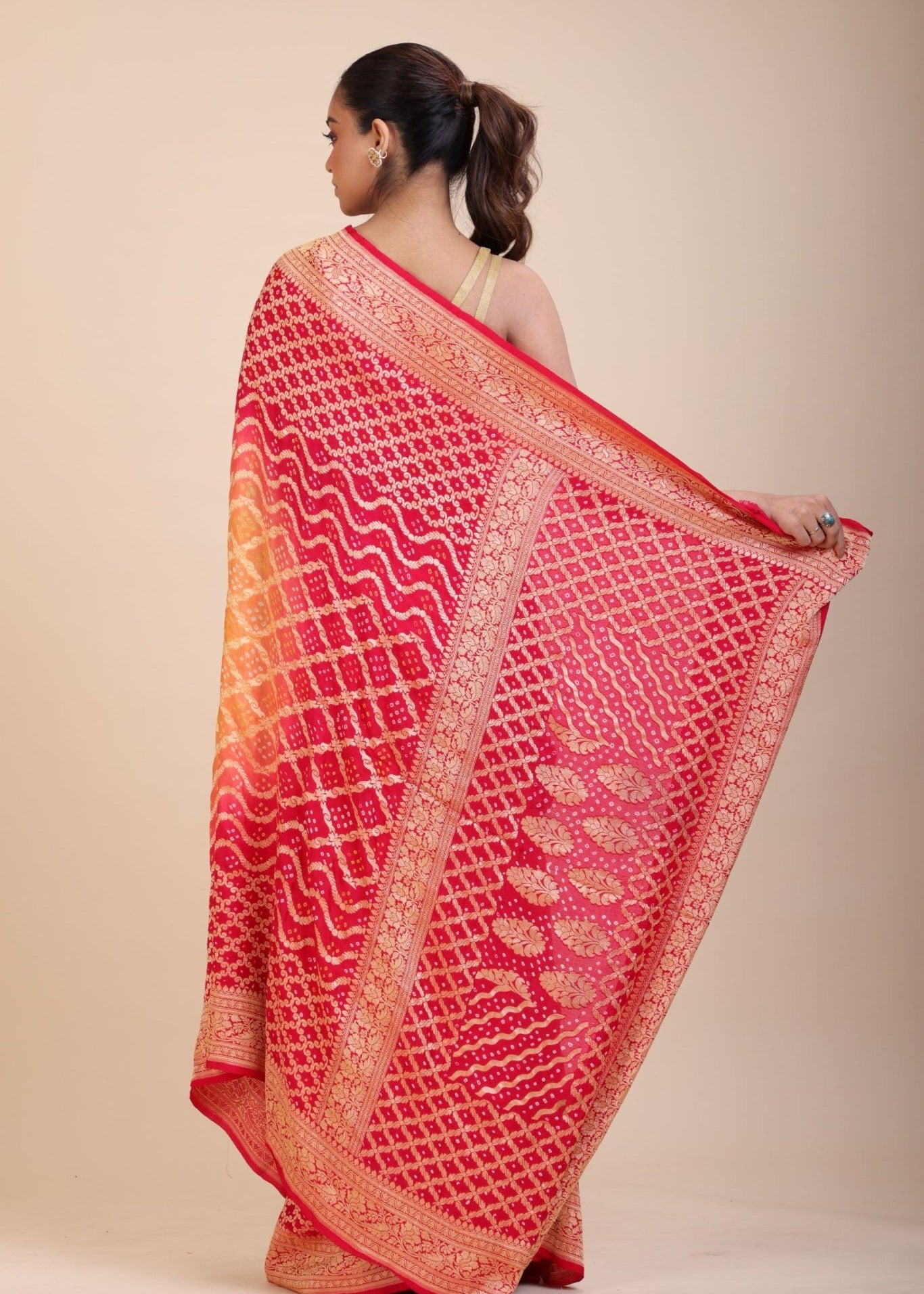 Red & Yellow Khaddi Georgette Bandhani Banarasi Saree - Anvi Couture