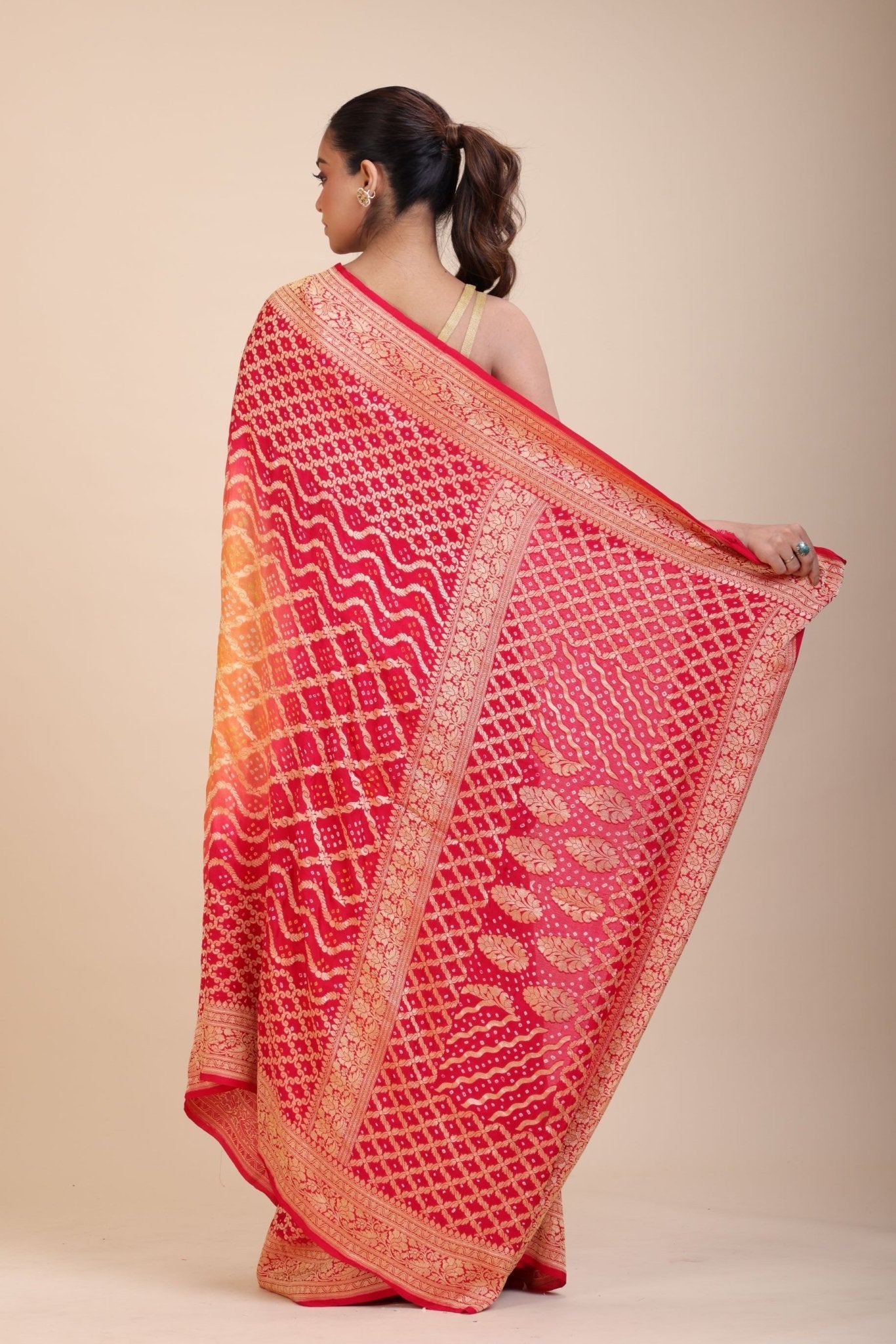 Red & Yellow Khaddi Georgette Bandhani Banarasi Saree - Anvi Couture