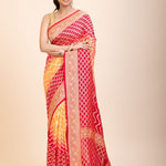 Red & Yellow Khaddi Georgette Bandhani Banarasi Saree - Anvi Couture