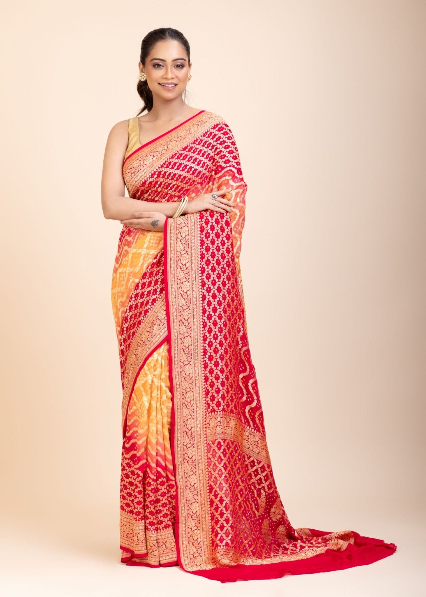 Red & Yellow Khaddi Georgette Bandhani Banarasi Saree - Anvi Couture