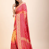 Red & Yellow Khaddi Georgette Bandhani Banarasi Saree - Anvi Couture
