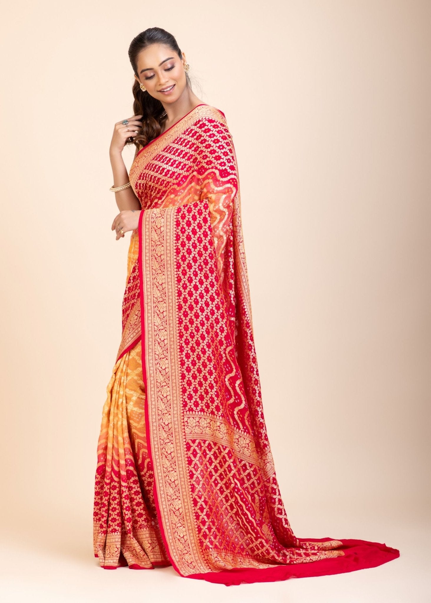 Red & Yellow Khaddi Georgette Bandhani Banarasi Saree - Anvi Couture