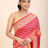 Red & Yellow Khaddi Georgette Bandhani Banarasi Saree - Anvi Couture