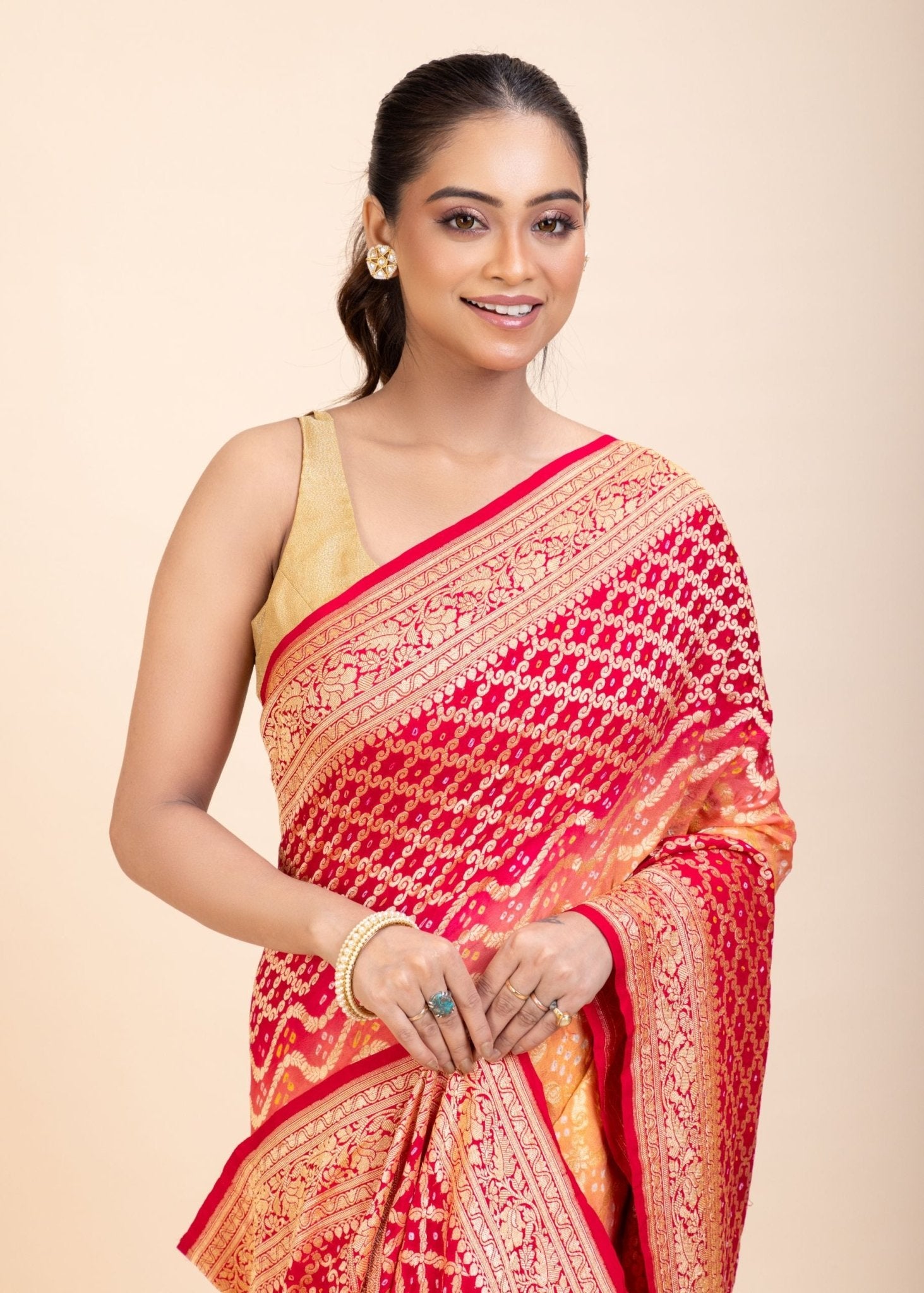 Red & Yellow Khaddi Georgette Bandhani Banarasi Saree - Anvi Couture