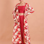 Red and Gold Co-Ord Set with Floral Embroidered Jacket Front View
