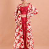 Red and Gold Co-Ord Set with Floral Embroidered Jacket Front View