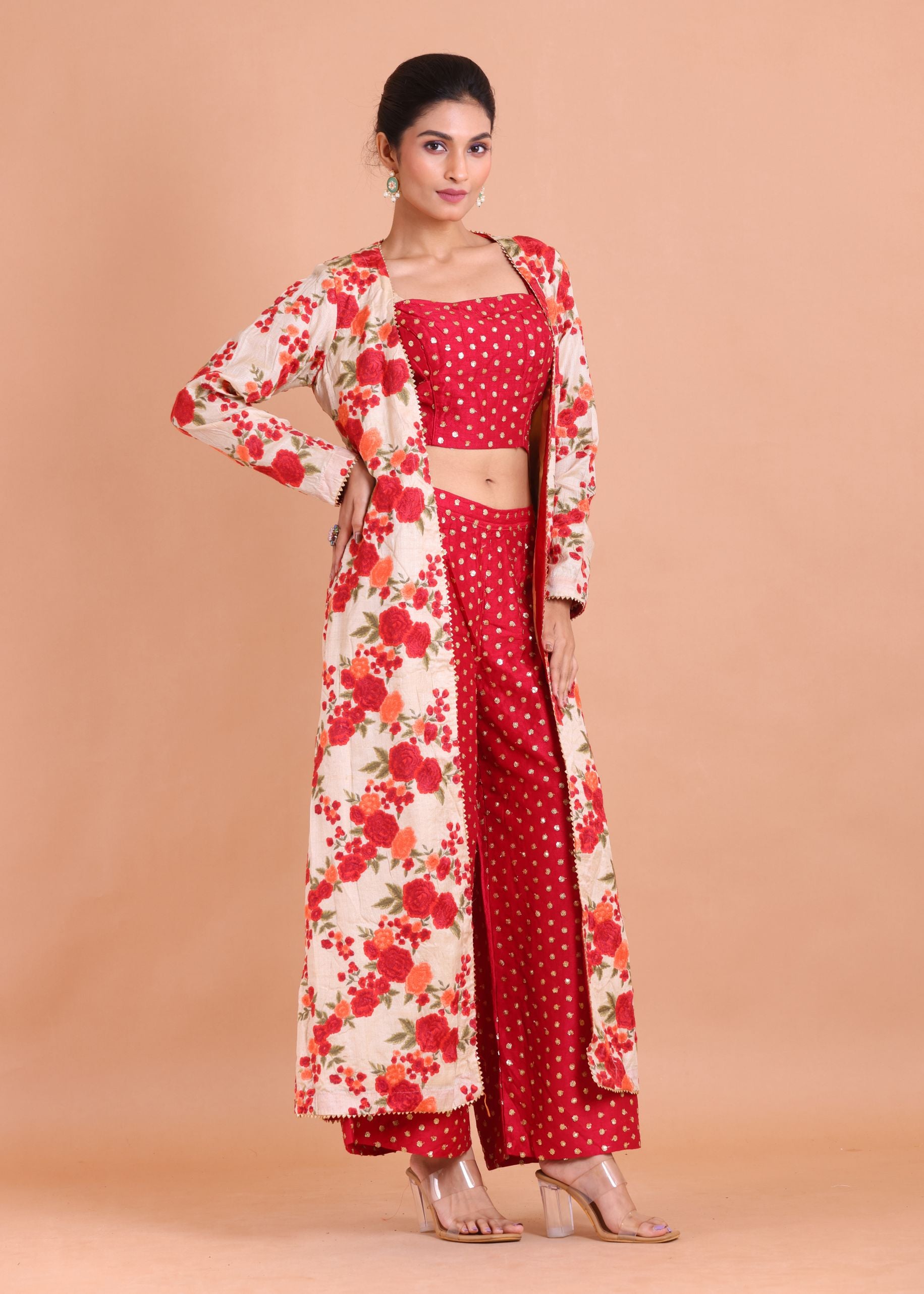 Red and Gold Co-Ord Set with Floral Embroidered Jacket Side View